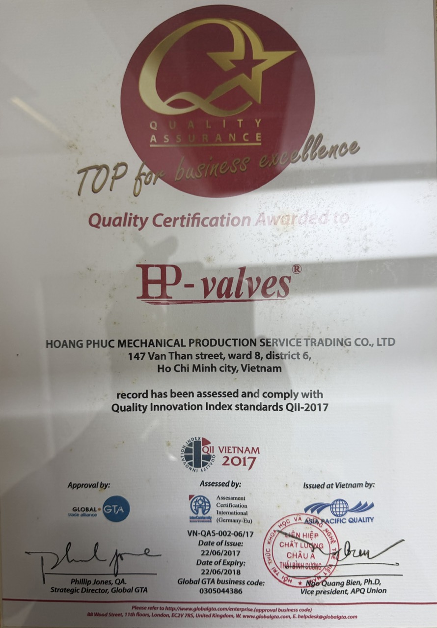 Chứng nhận chất lượng Quality Innovation Index QII-2017 - HP Valves